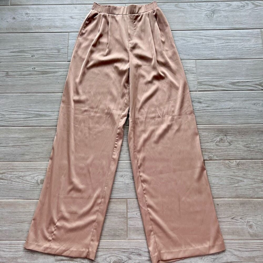 Mable Women's Tan Elastic Waist Pull On Pleated Wide Leg Pants Size Medium - Picture 1 of 6